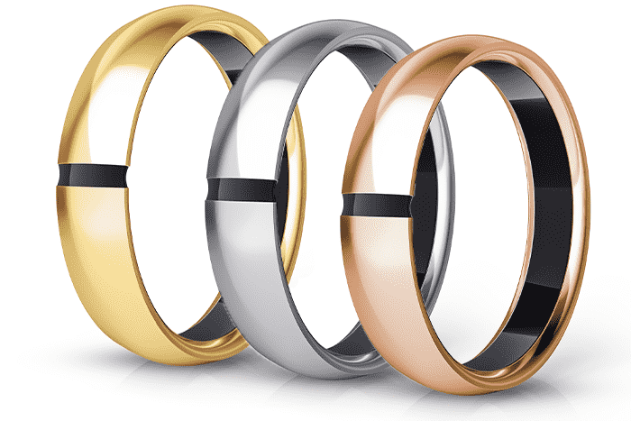 Tři titanové platební prsteny mBank v barvách stříbrná, zlatá a rosegold.