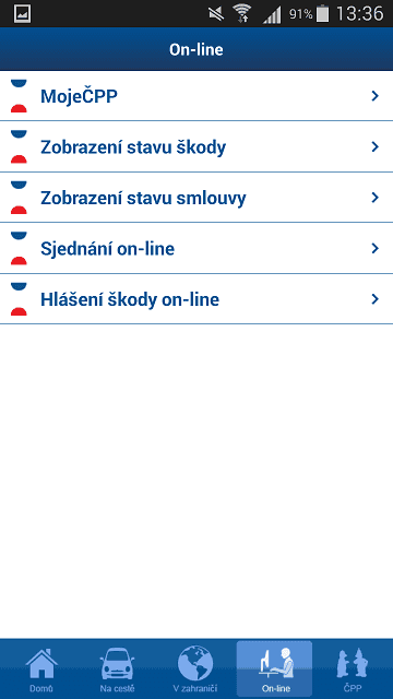 Možnosti, které aplikace nabízí. Pro přihlášení do MojeČPP nebo sjednání smlouvy on-line vás ale přesměruje na webové stránky.