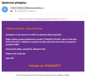 Technická chyba, při které byl odeslaný e-mail i nepojištěncům OZP. (22. 4. 2020)