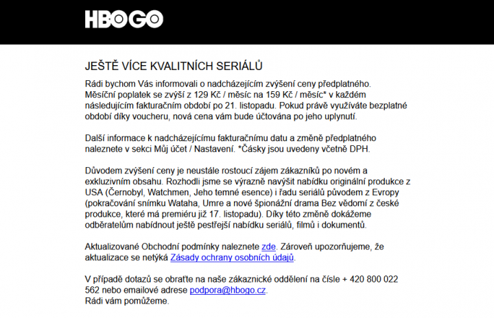 Informační e-mail o zdražení HBO Go