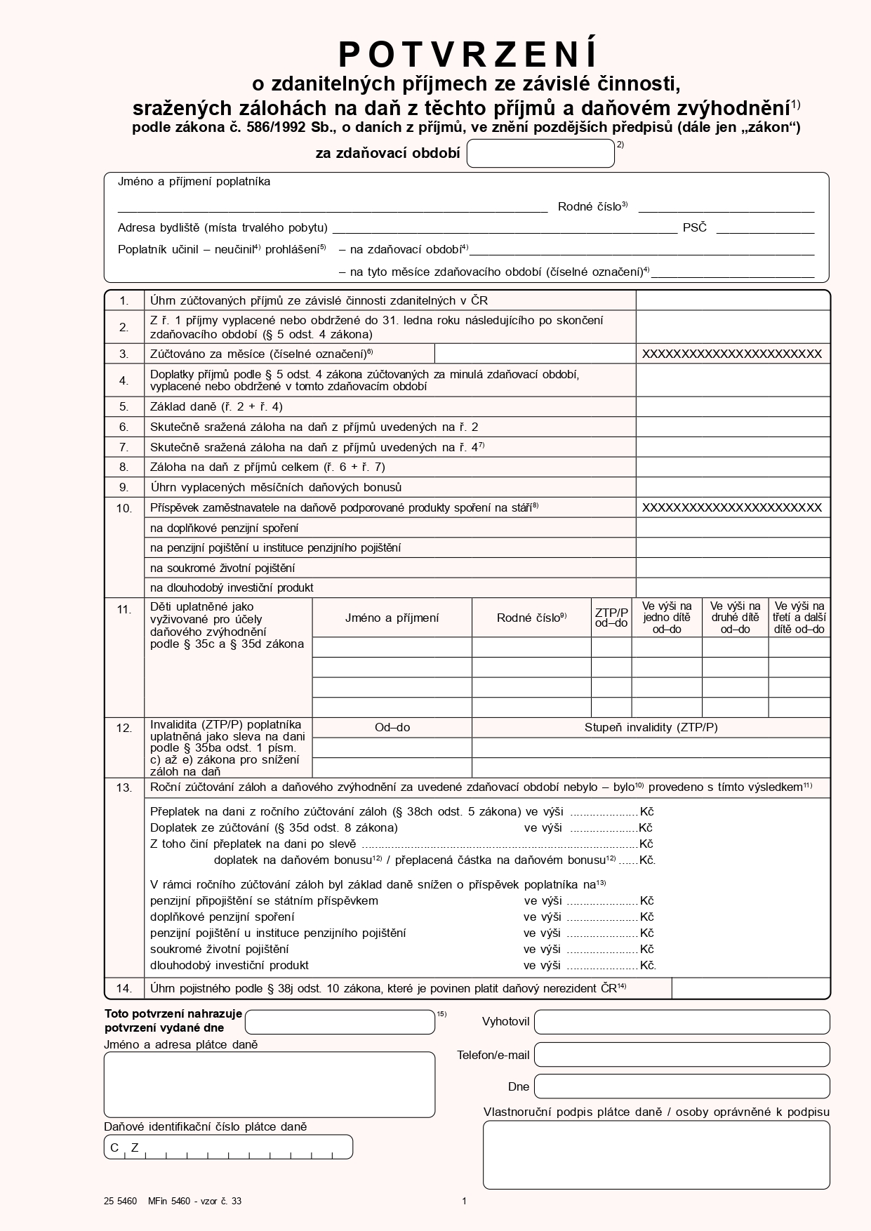 Formulář POTVRZENÍ o zdanitelných příjmech ze závislé činnosti