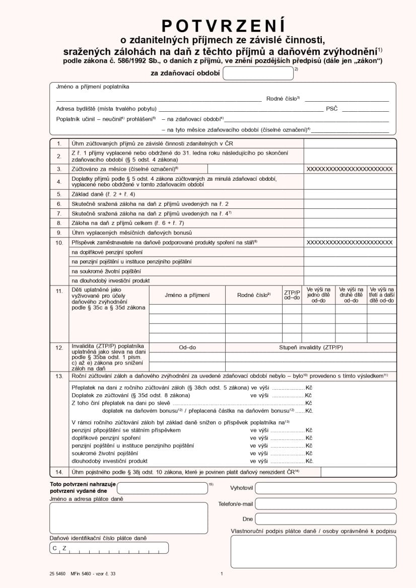 Formulář POTVRZENÍ o zdanitelných příjmech ze závislé činnosti