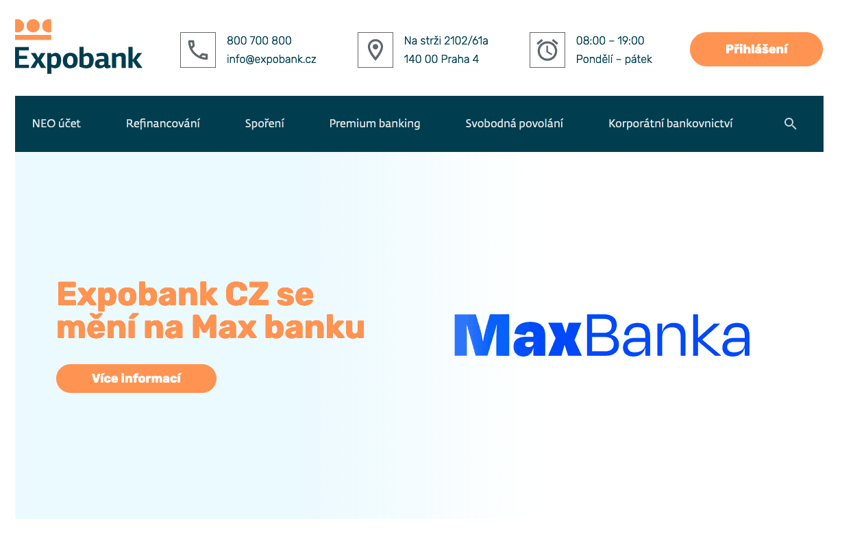 Internetové bankovnictví Expobank, měnící se na Max banku. (3. 10. 2022)