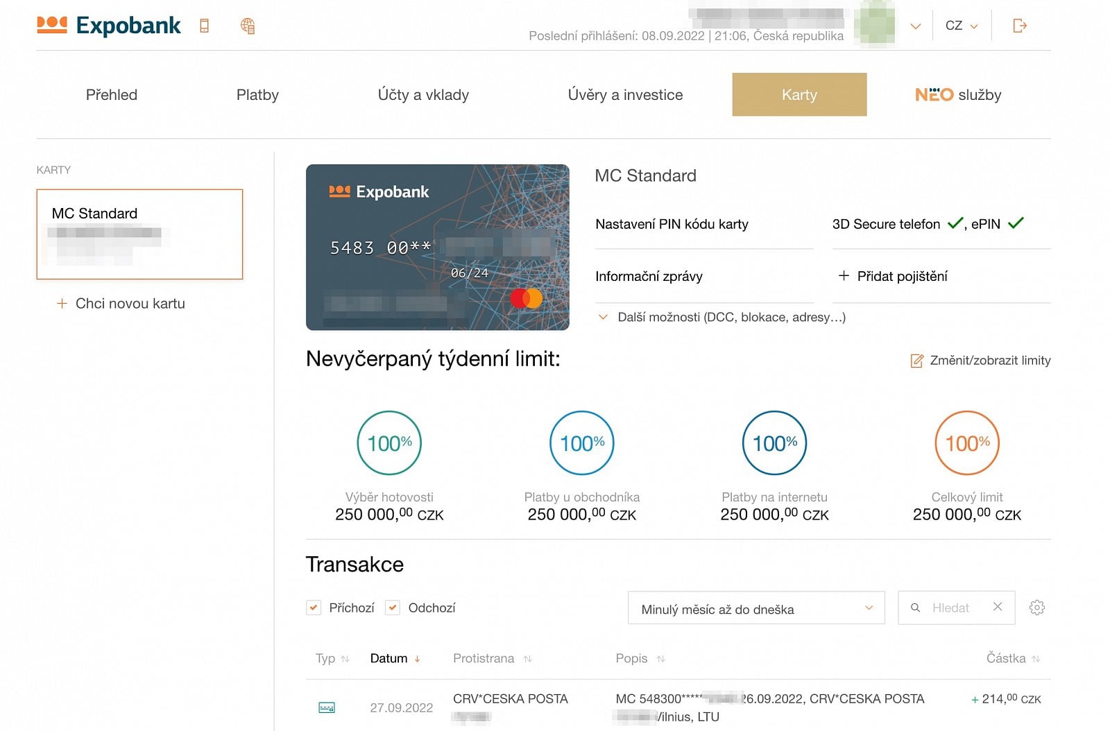 Internetové bankovnictví Expobank, měnící se na Max banku. (3. 10. 2022)