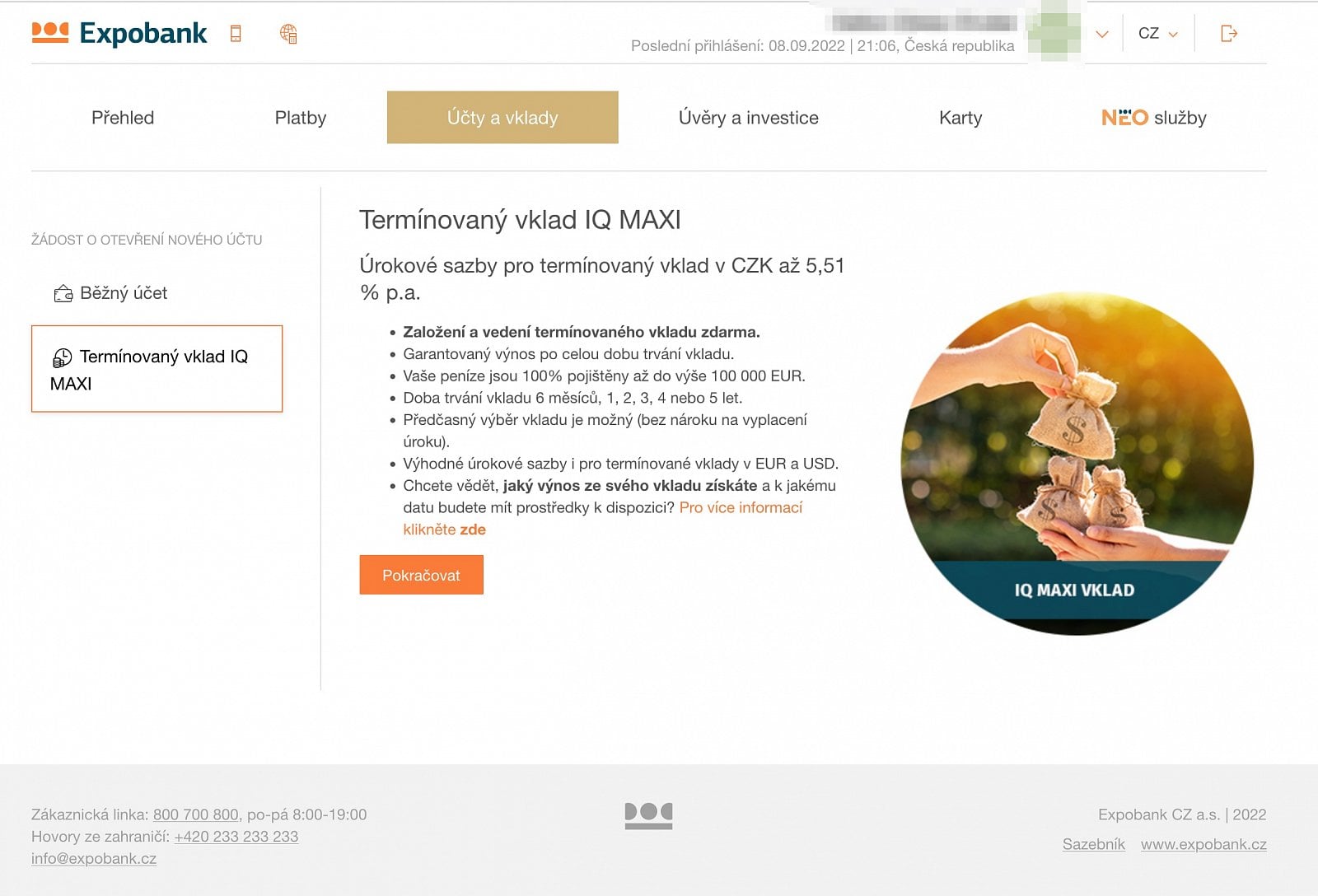 Internetové bankovnictví Expobank, měnící se na Max banku. (3. 10. 2022)