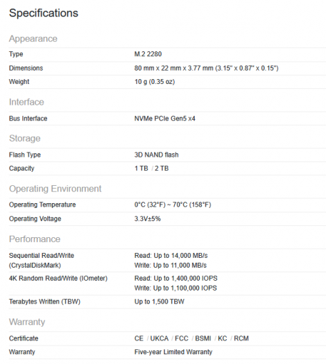 Specifikace SSD Transcend MTE260S