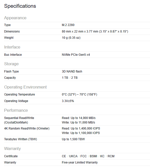 Specifikace SSD Transcend MTE260S