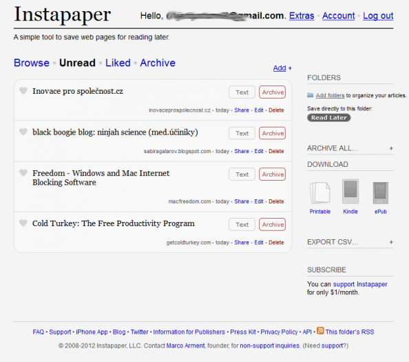InstaPaper: přehledně vytříděný archiv