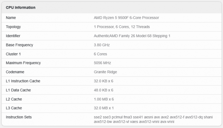 Procesor Ryzen 5 9500F v databázi Geekbench