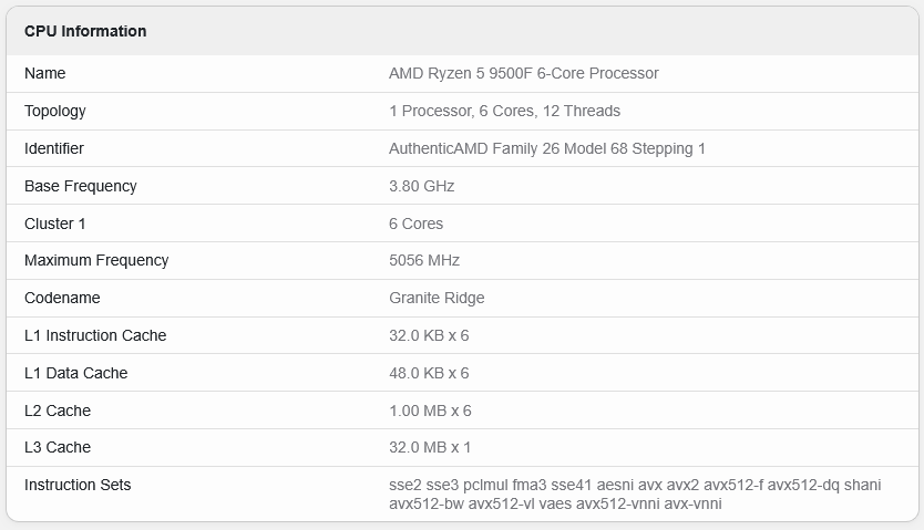 Procesor Ryzen 5 9500F v databázi Geekbench