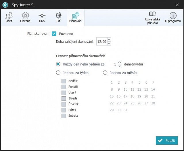 Nastavení SpyHunter – plánování