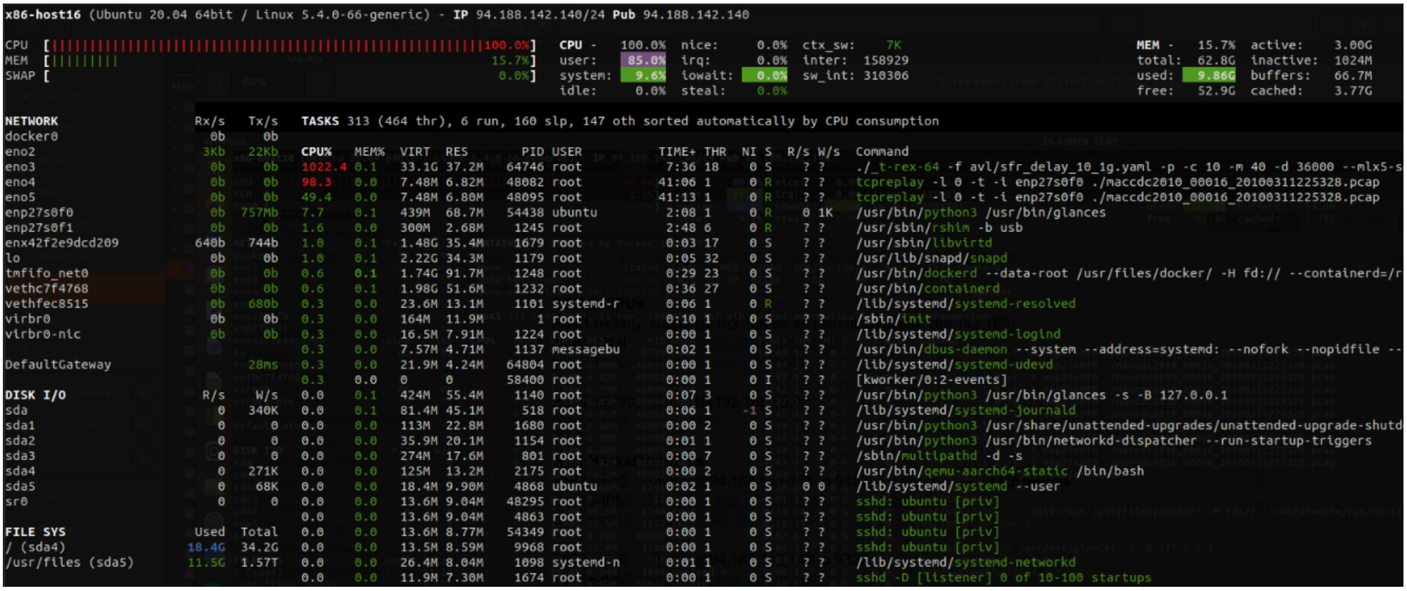 Několik instancí tcpreplay v kombinaci s generátorem provozu TRex