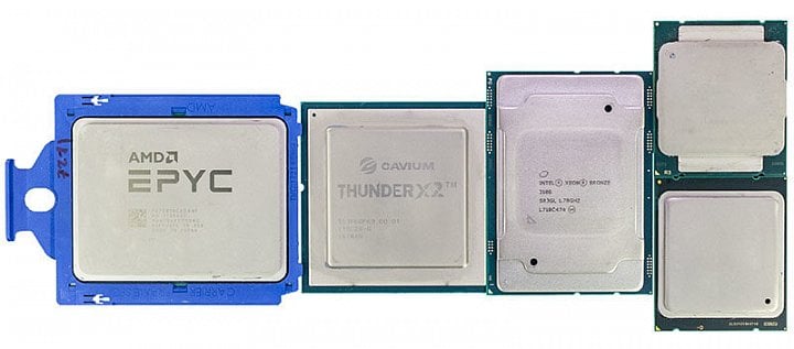 Srovnání ThunderX2, procesoru Epyc a Xeonů (Skylake-SP, Broadwell-EP a Sandy Bridge-EP)