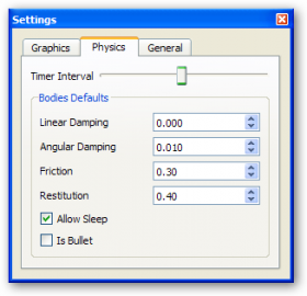 Záložka Physics v konfiguračním okně Settings.