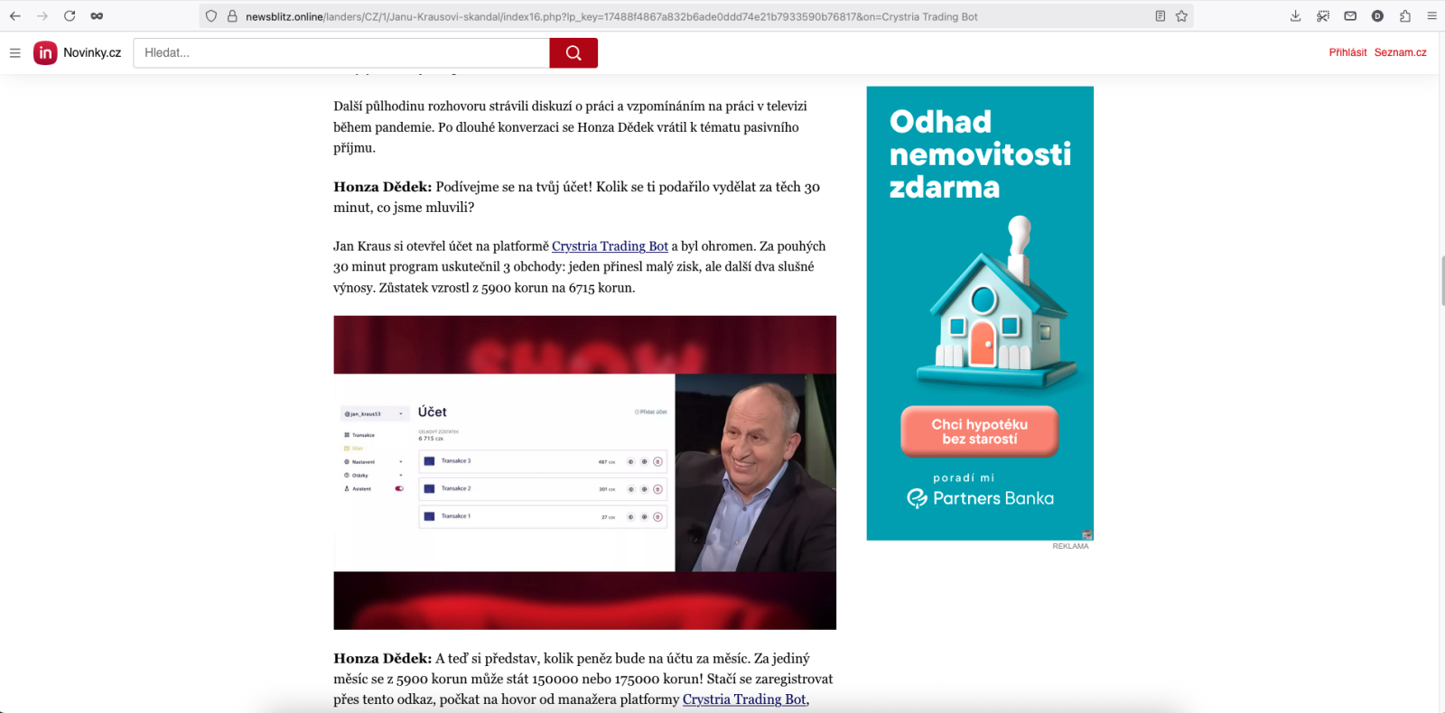 Podvodný web newsblitz.online s grafikou českého webu Novinky.cz. Jeho jediným úkolem je nalákat na podvodné investice. (02. 06. 2025)