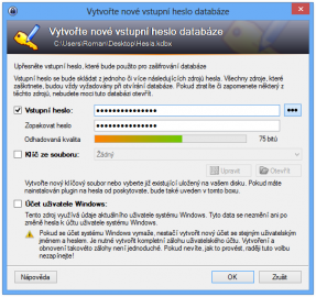 Při založení nové databáze je nutné zvolit heslo pro její zabezpečení