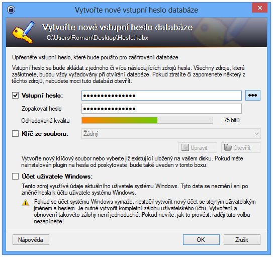 Při založení nové databáze je nutné zvolit heslo pro její zabezpečení