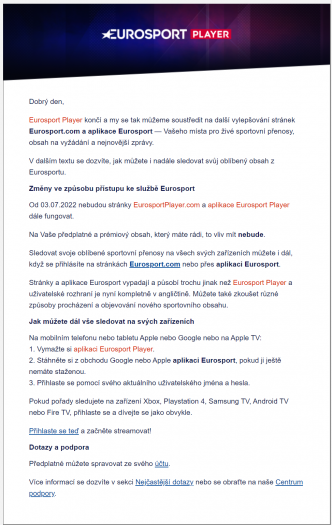 E-mail pro předplatitele Eurosport Player