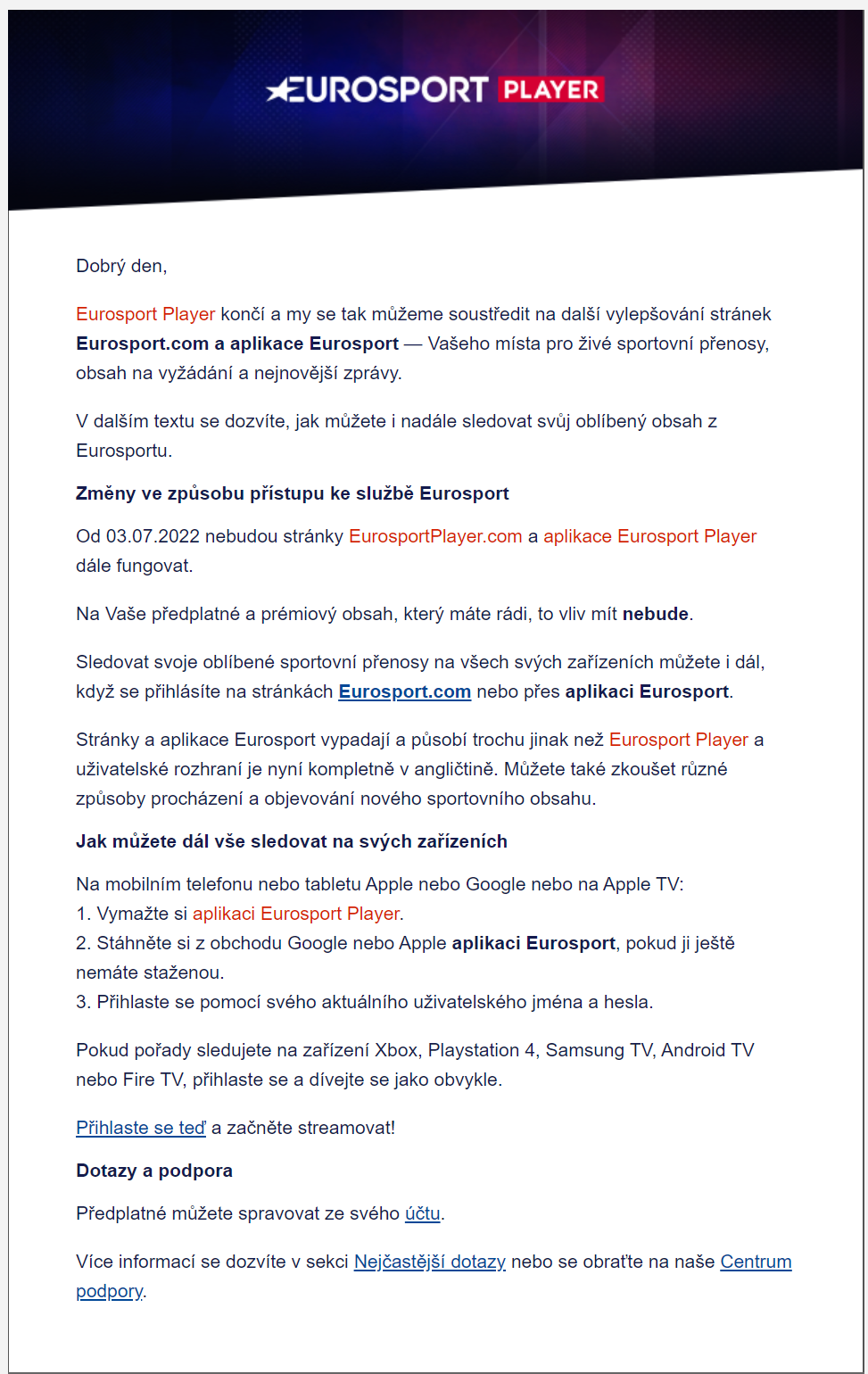 E-mail pro předplatitele Eurosport Player