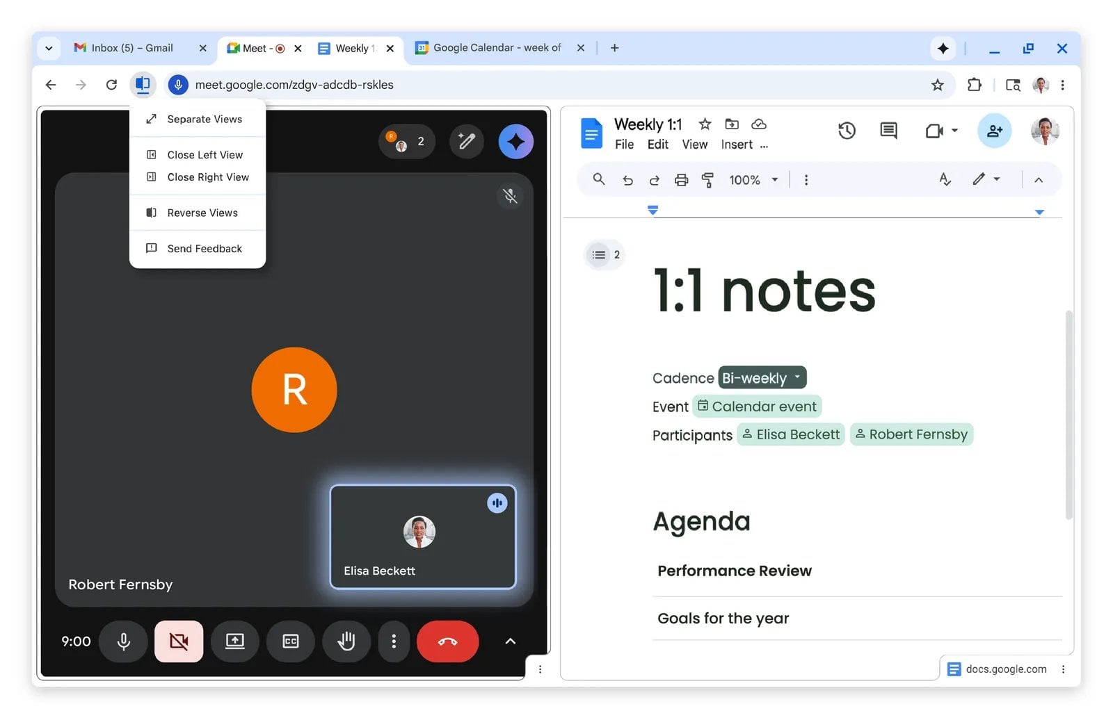 Okno Chromu rozdělené na videohovor Google Meet vlevo a dokument s poznámkami vpravo, s otevřenou nabídkou pro rozdělené zobrazení.