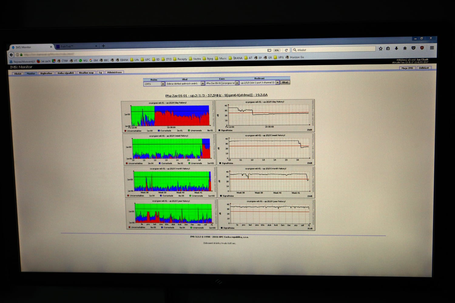 A tohle je monitoring zhoršeného signálu a šumů. Je vidět, že je nějaká frekvence rušená. Nejde sice přímo o výpadek, ale je potřeba to řešit.