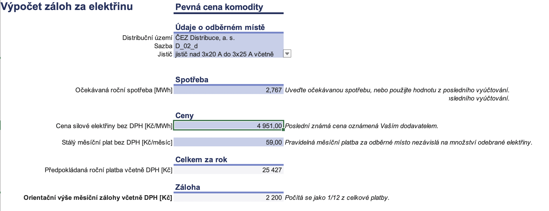 Výpočet záloh za elektřinu s pevnou cenou - kalkulačka ERÚ