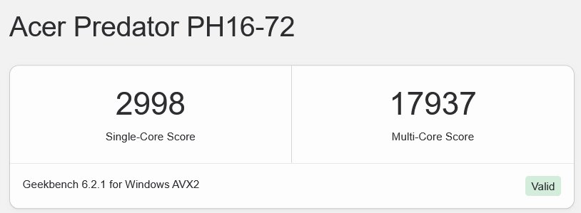 Intel Core i9-14900HX v notebooku Acer Predator PH16-72 - Geekbench