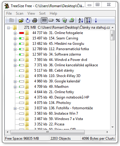 <p>TreeSize - stromová struktura adresářů s velikostí</p>