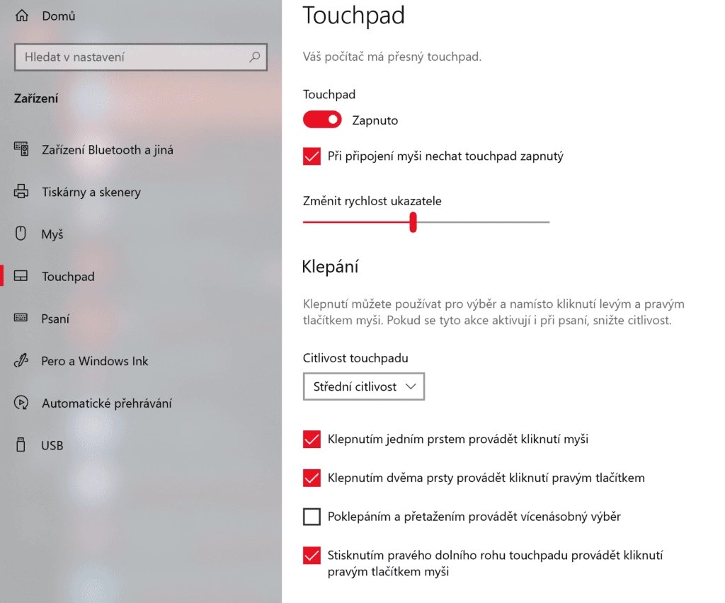 Touchpad je možné zapnout i softwarově v nastavení