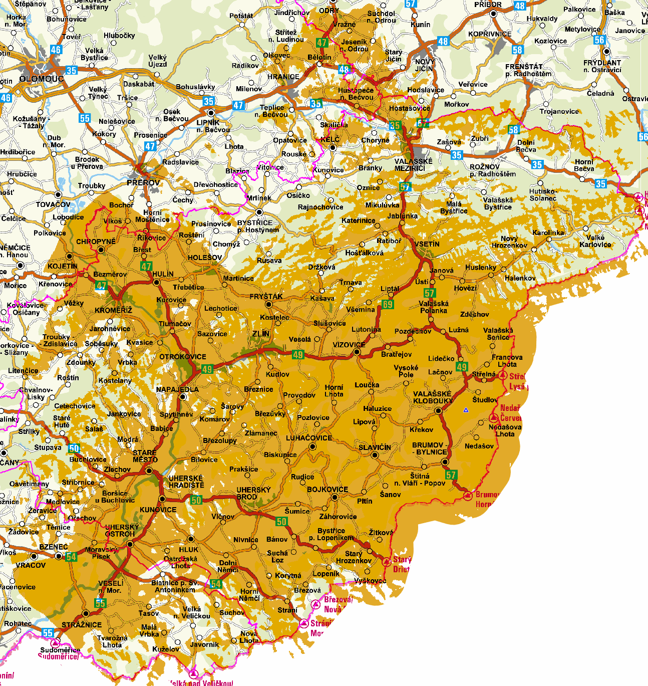Orientační pokrytí území signálem z vysílače Valašské Klobouky-Ploštiny