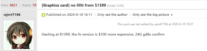 GeForce RTX 3090 bude údajně stát 1399 dolarů