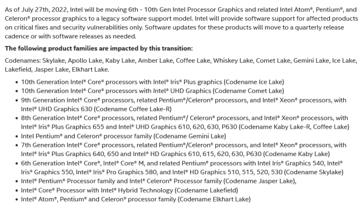 Oznáčení o přesunutí starších GPU Intel do režimu legacy