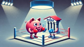 Ilustrace kasičky ve tvaru prasátka a banky, kteří spolu bojují v boxerském ringu.