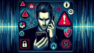 Člověk, který zachmuřeně telefonuje a kolem něj jsou varovné ikony.