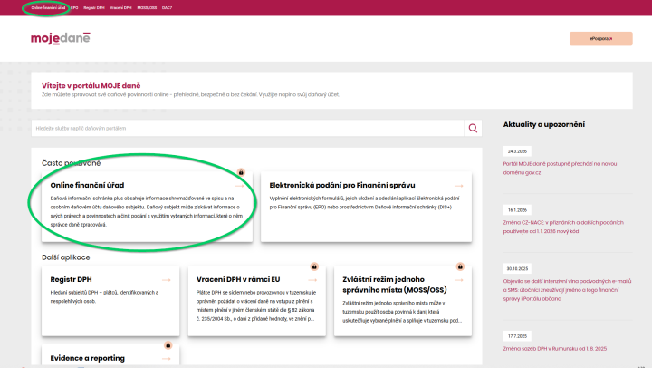 Screenshot znázorňující postup pro podání daňového přiznání.