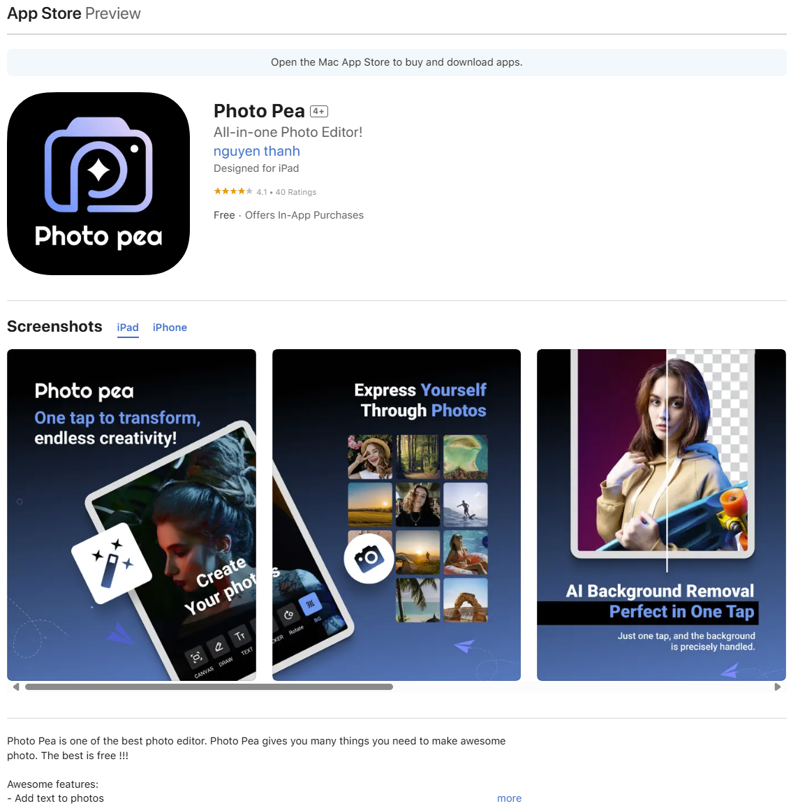 Ukázka falešné aplikace Photopea v Apple App Storu