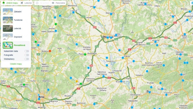 Mapy.cz - povodňová mapa
