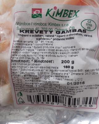 Krevety Gambas 200 g. Kategorie: Falšované potraviny. Nevyhovující parametr: obsah masa. Hmotnost odkapaného podílu byla nižší, než bylo uvedeno na obale výrobku. Výrobce: Kimbex s.r.o., Ostrava. Místo kontroly: Tesco Stores ČR a.s. Vimperk