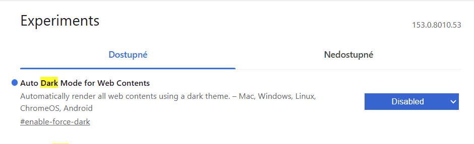 Stránka chrome flags s položkou Auto Dark Mode for Web Contents a vybraným stavem Disabled.