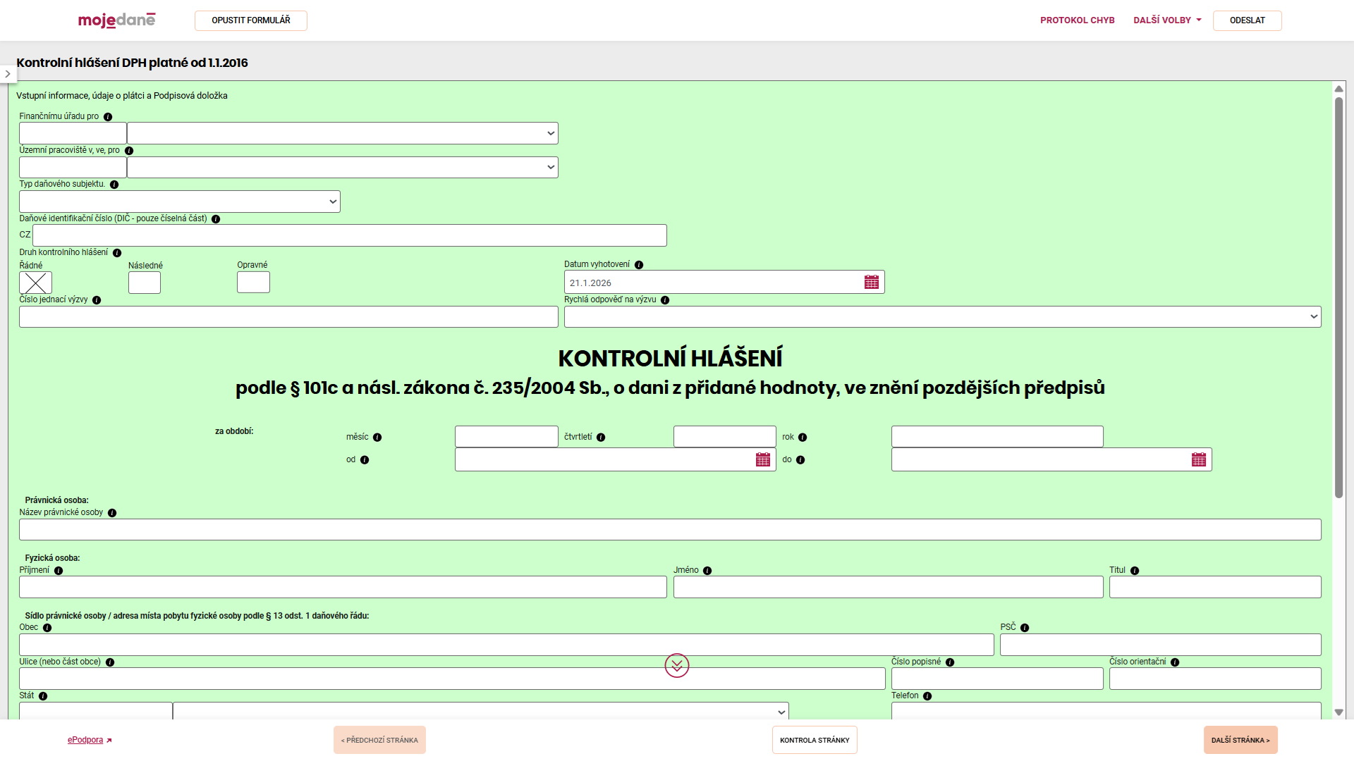 Ukázka formuláře kontrolního hlášení na portálu Moje daně