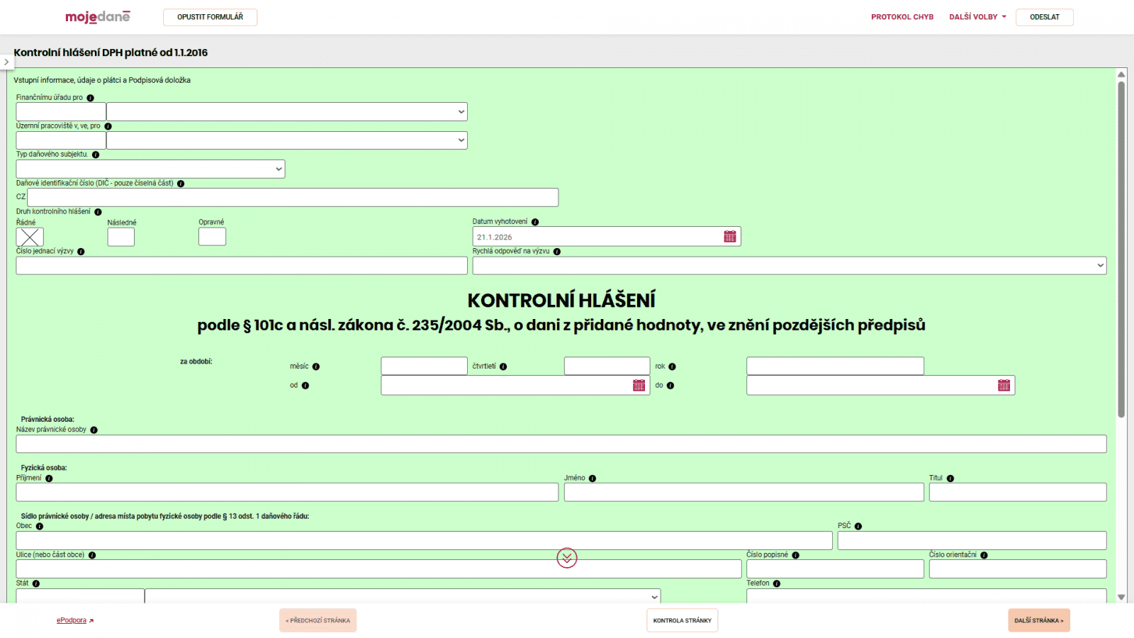 Ukázka formuláře kontrolního hlášení na portálu Moje daně