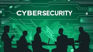 vektorové obrysy debatujících osob, zelené pozadí s nápisem CYBERSECURITY