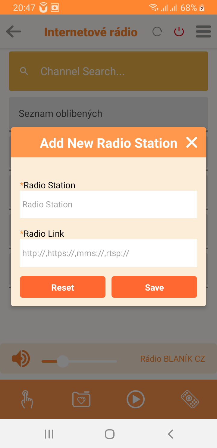Možnost přidání nové stanice nebo (zvukového streamu) do oblíbených programů pomocí aplikace Soundmate