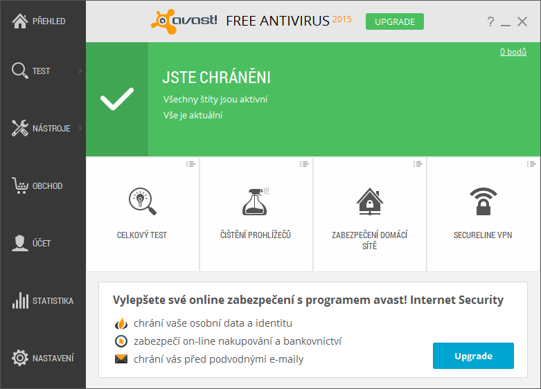 <p>Hlavní menu aplikace Avast Free Antivirus</p>