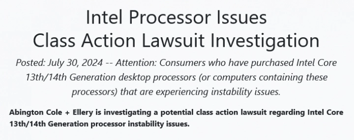 Hromadná žaloba kanceláře Abington Cole + Ellery v kauze procesorů Intel Core 13. a 14. generace (Raptor Lake)