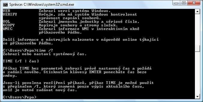 <p>Použití nápovědy o syntaxi příkazu. Bližší info se zobrazí po vypsání <em>příkaz /?</em></p>