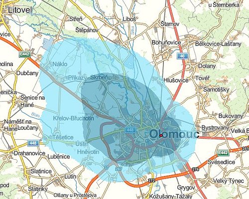 Předpokládané pokrytí signálem digitálního rozhlasu v Olomouci.