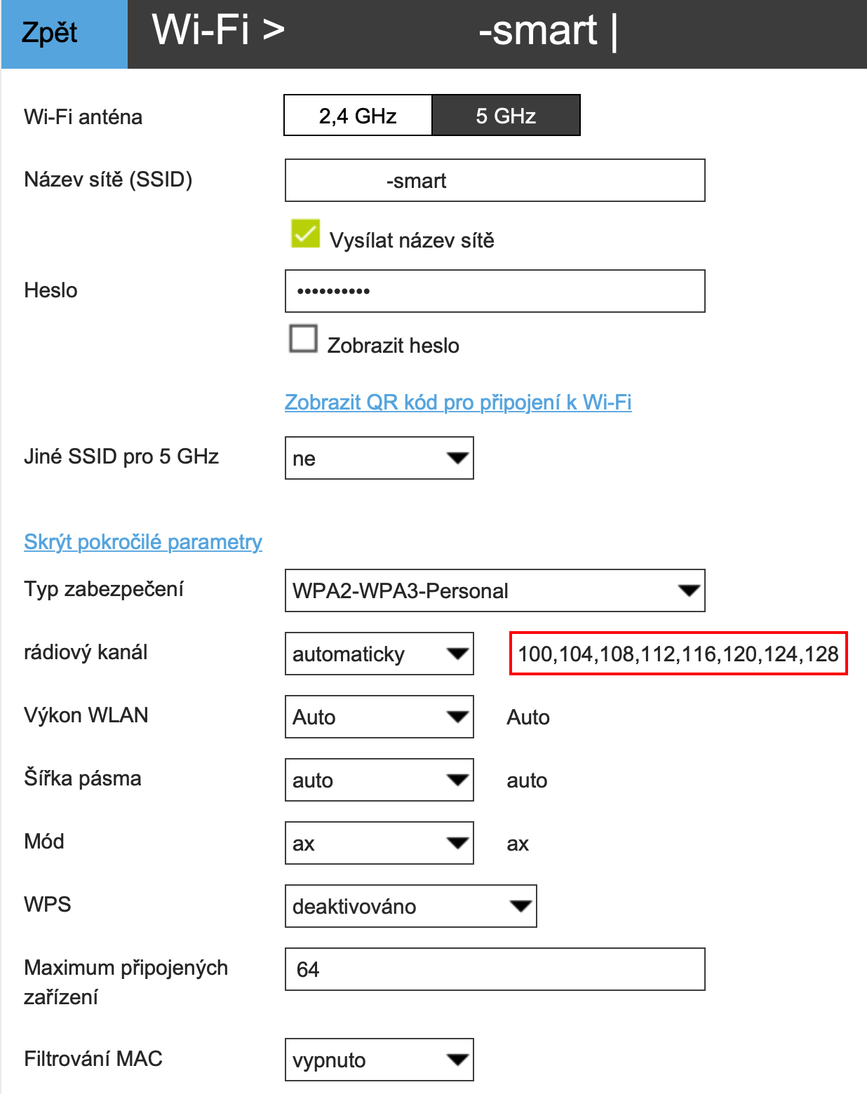 Šířku kanálu 160 MHz nelze zvolit ručně. Je plně na firmwaru Smart Boxu, kdy zvolí kanál široký 80 MHz a kdy 160 MHz.