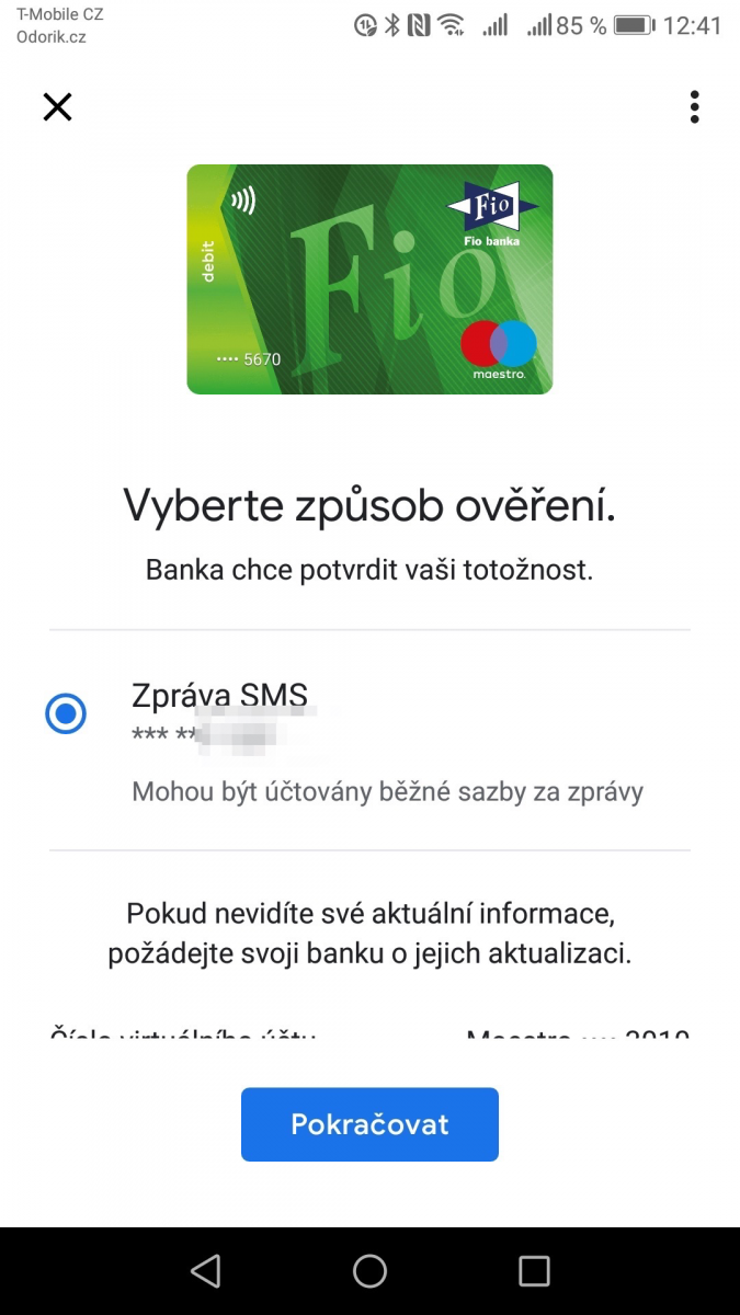 Aktivace karty Maestro od Fio banky ve službě Google Pay (04/2018)