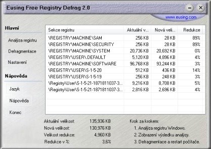 Eusing Free Registry Defrag defragmentuje registr Windows